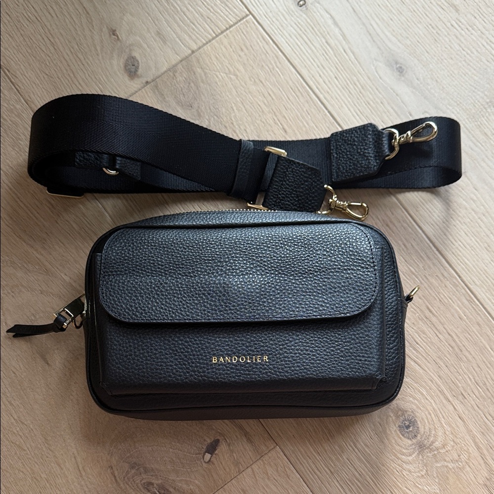 Bandolier Black Textured Crossbody with Gold Accents